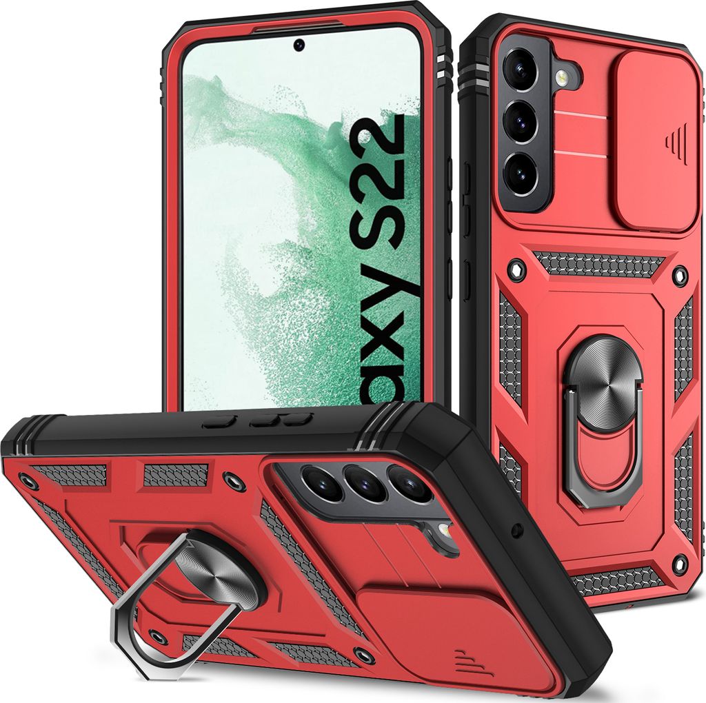 Galaxy S22 5G Hülle, Schiebe Kamera Schutz Robust Rüstung Stoßfest Schutzhülle mit Ringhalterung Ständer Kartenhalter für Samsung Galaxy S22 ...