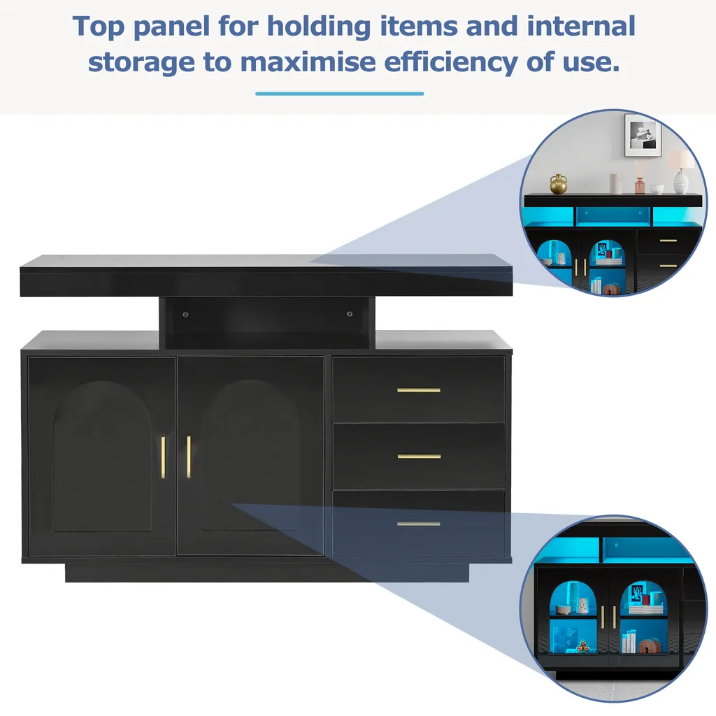 Commode de Salon Façade Brillante Noire avec LED Intégrées et Tiroirs