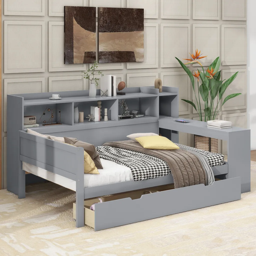Lit Gain de Place 90x200 Gris avec Prise USB pour Petites Chambres