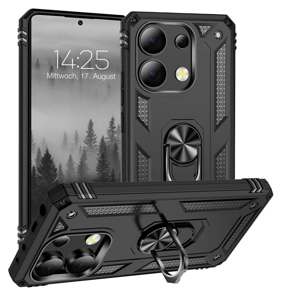 A black phone case with a ring holder is displayed from multiple angles.