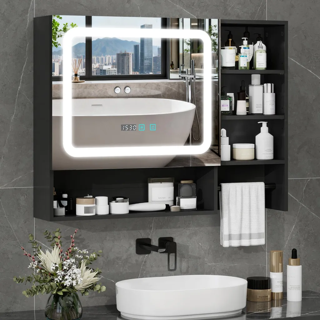 Meuble de rangement salle de bain avec miroir lumineux et porte-serviette
