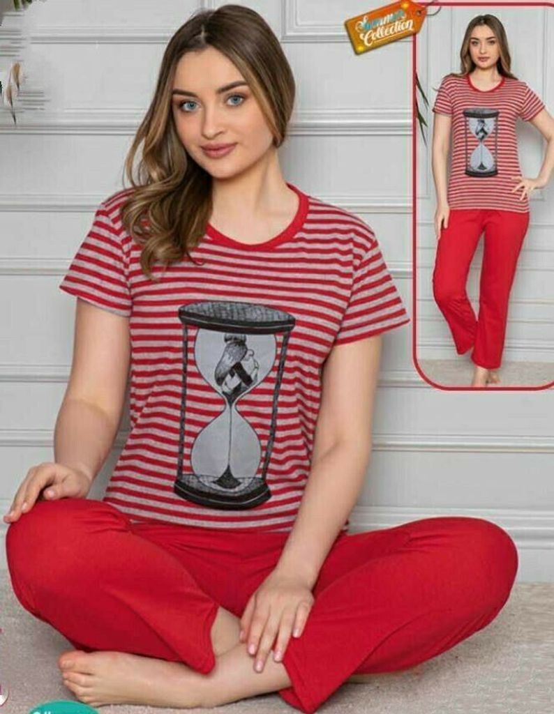 Damen Pyjama Schlafanzug Rot XXL Kurz 2-Teiler Set A-52