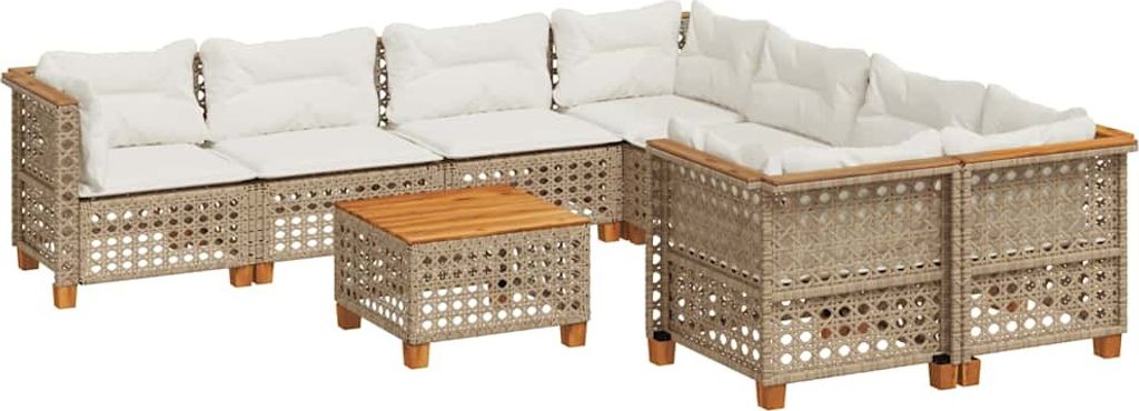9-tlg. Garten-Sofagarnitur mit Kissen Beige Poly Rattan