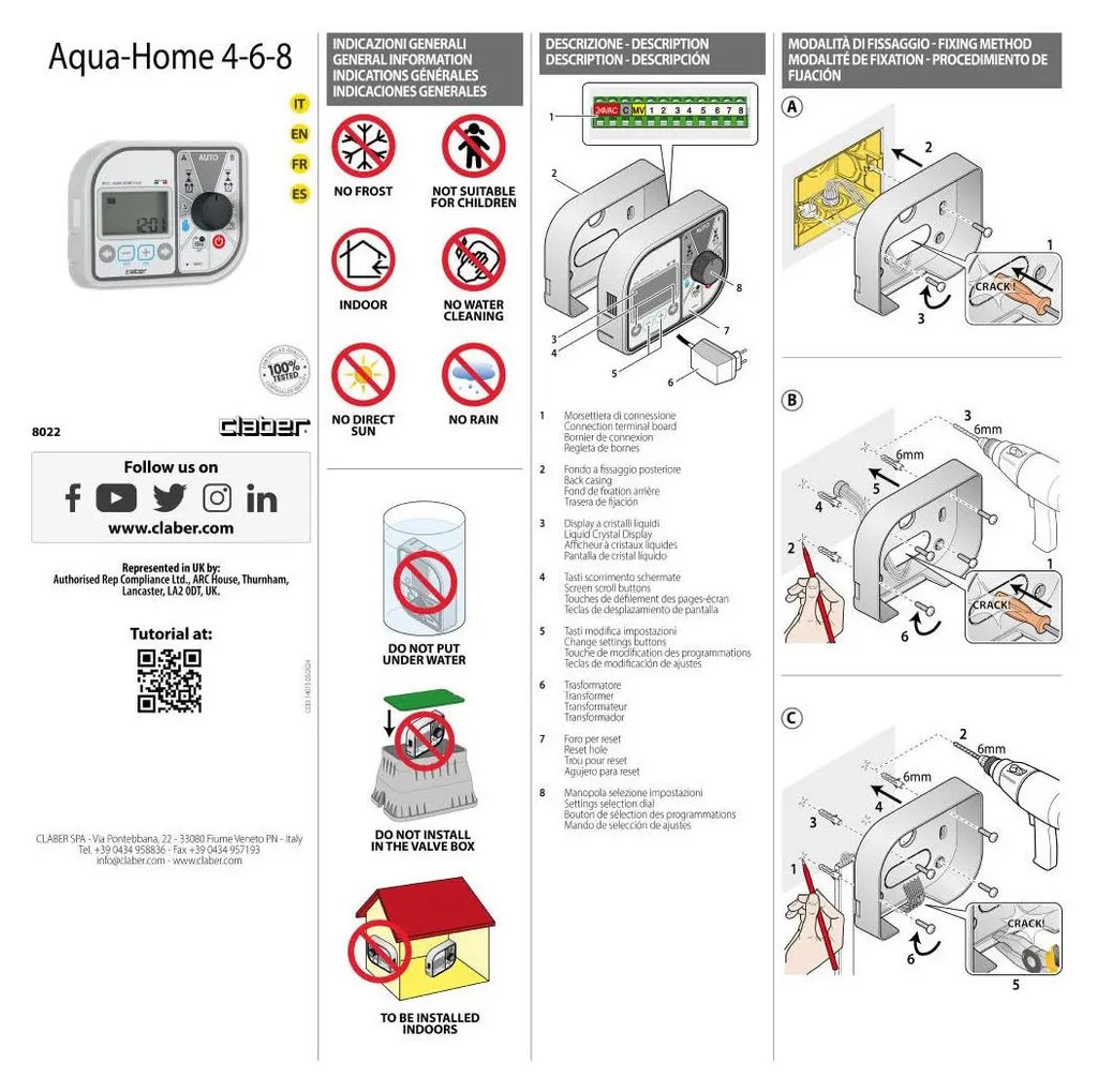 Programmateur d'arrosage mural Claber Aqua-Home 4-6-8 pour électrovanne
