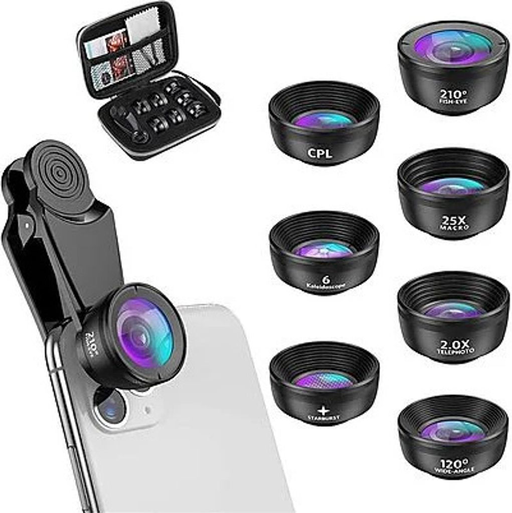 AIORBER 7-in-1 Handy Kamera Objektiv Kit, für smartphone,25X Makro, 210° Fischauge, 120° Weitwinkel, 2X Teleobjektiv, Sternfilter, Kaleidoskop,S...
