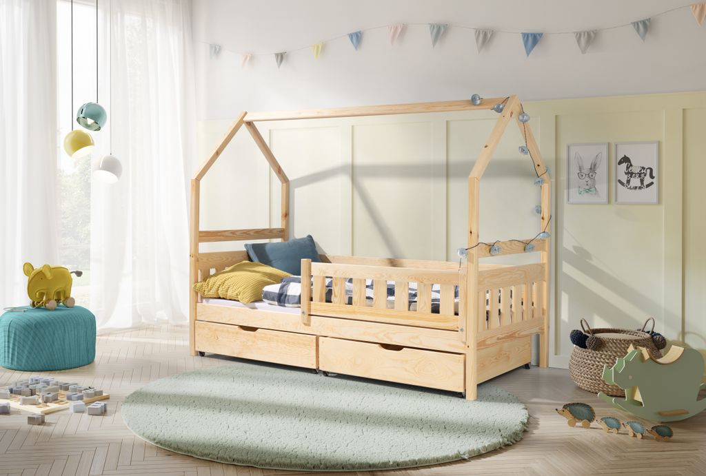 KEF EMMA Kinderbett 80x200 cm Hausbett Zwei Kinder mit Lattenrost mit Rollen Bodenbett aus Holz mit Matratzen Jugendbett Naturbelassen