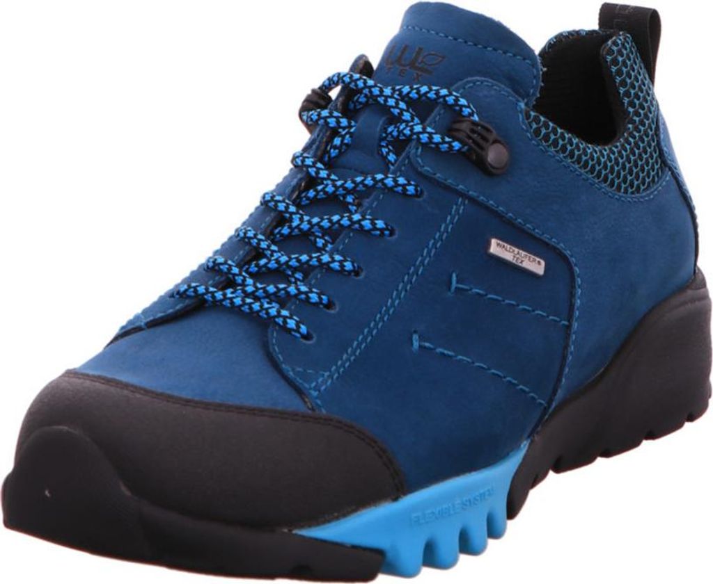 A single blue hiking shoe is shown against a white background.
