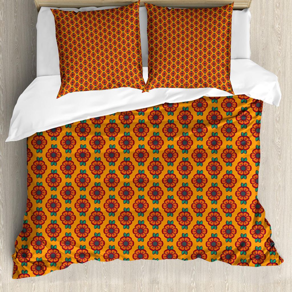 ABAKUHAUS Burnt orange Bettbezug Set, Abstraktes blühendes Natur-Muster mit blühenden Blumenblättern und Laub verlässt, 155 x 220 cm + 80 x 80 ...