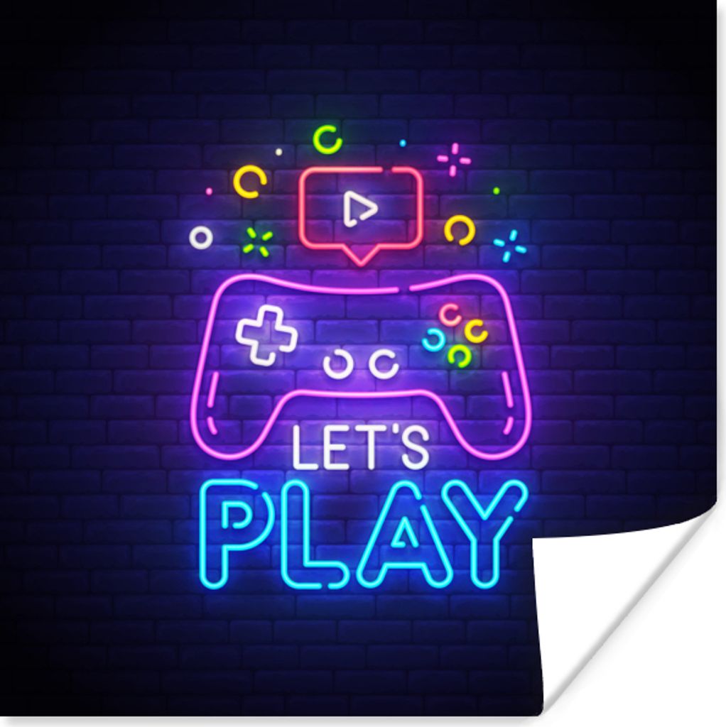 MuchoWow Poster Spiele - Neon - Let's Play - Controller - Zitate 100x100 cm - Babyzimmer
