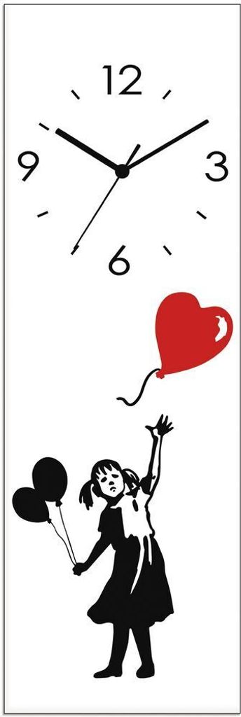ARTland Glas Wanduhr Funkuhr - schwarzer Zeiger Silhouette Mädchen Ballon Herz Größe: 20x60 cm