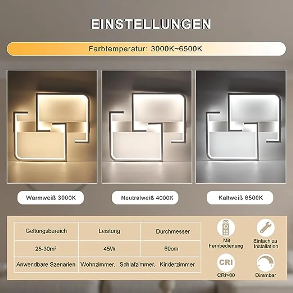 ZMH Lampe de Salon LED 60CM Dimmable Télécommande - Plafonnier Blanc
