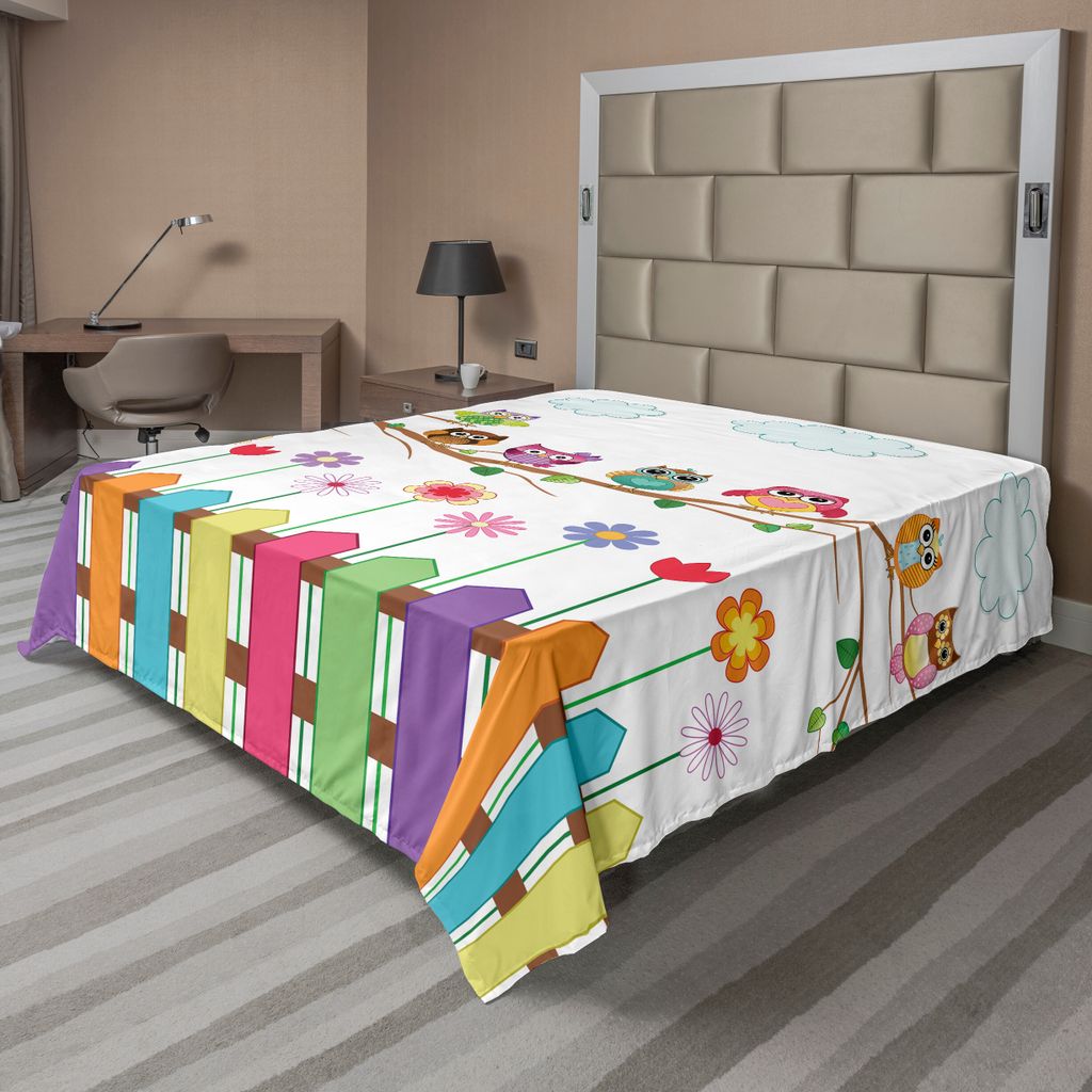 ABAKUHAUS Eulen Bettlaken, Wolken Vogel Sonnigen Tag Landschaft Elemente Illustration Cartoon Muster, weiches bequemes oberes Bettlaken für ein de...