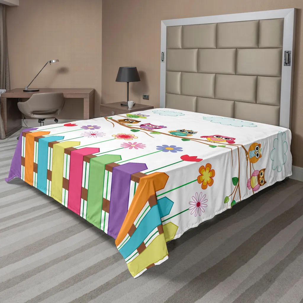 Drap Plat Décoratif pour Grand Lit 260x228 cm Thème Nature et Hiboux Doux