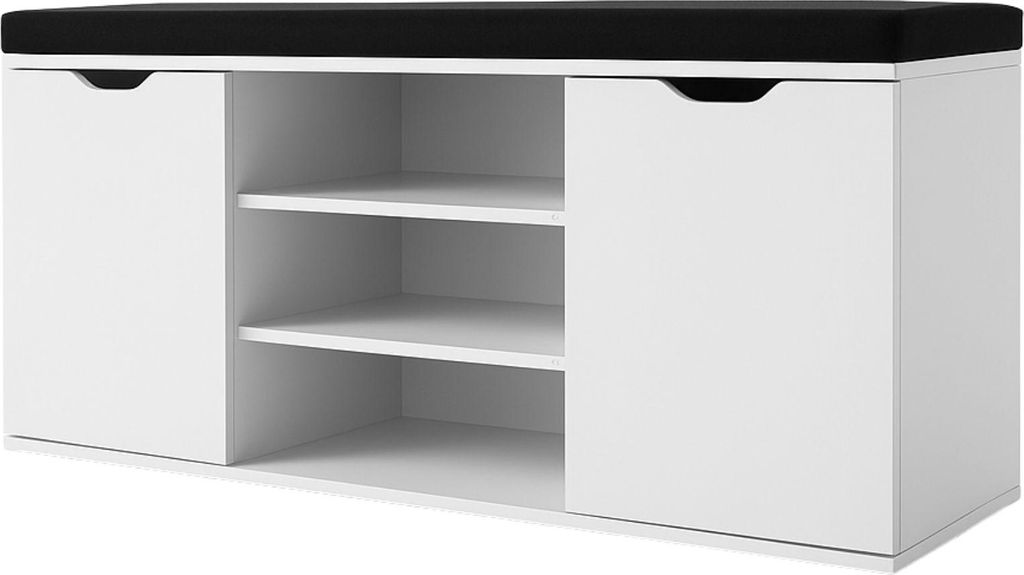 A white shoe cabinet with a black cushioned top, featuring two doors and open shelving.