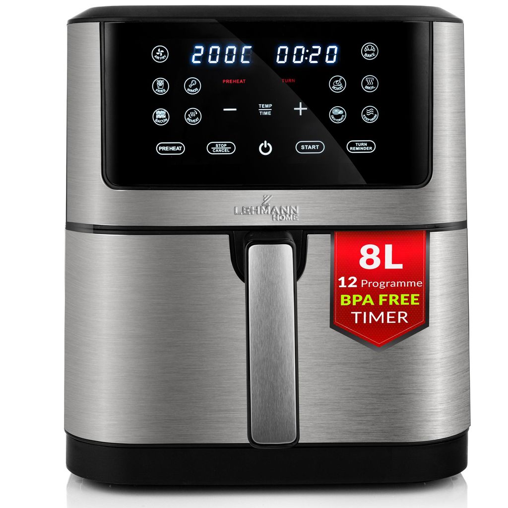 Lehmann 8L Heißluftfritteuse mit 10 Kochprogrammen, 1800 W Air Fryer mit Digitalem LED-Touchscreen und Timer, bis zu 200 °C, gesundes Essen ohne Öl