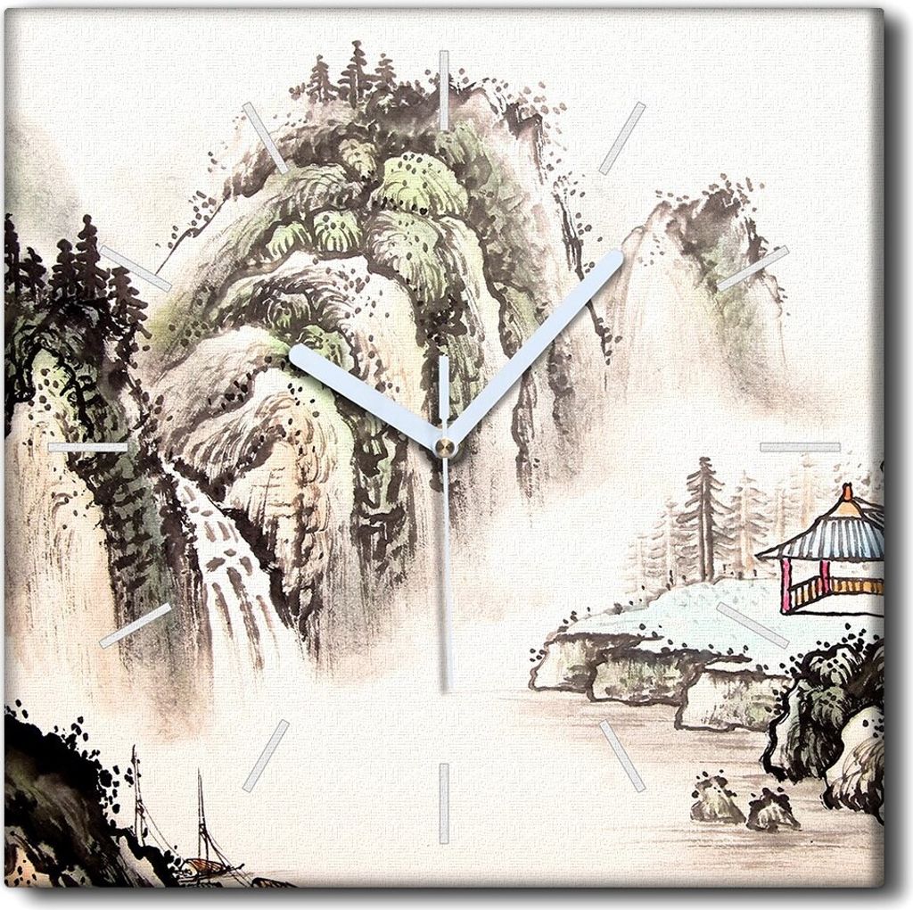 Coloray Uhr auf Leinwand 30x30 cm Wand Uhr Dekoration Wohnzimmer Segeltuch weiße Zeiger -China Landschafts-Aquarelle.