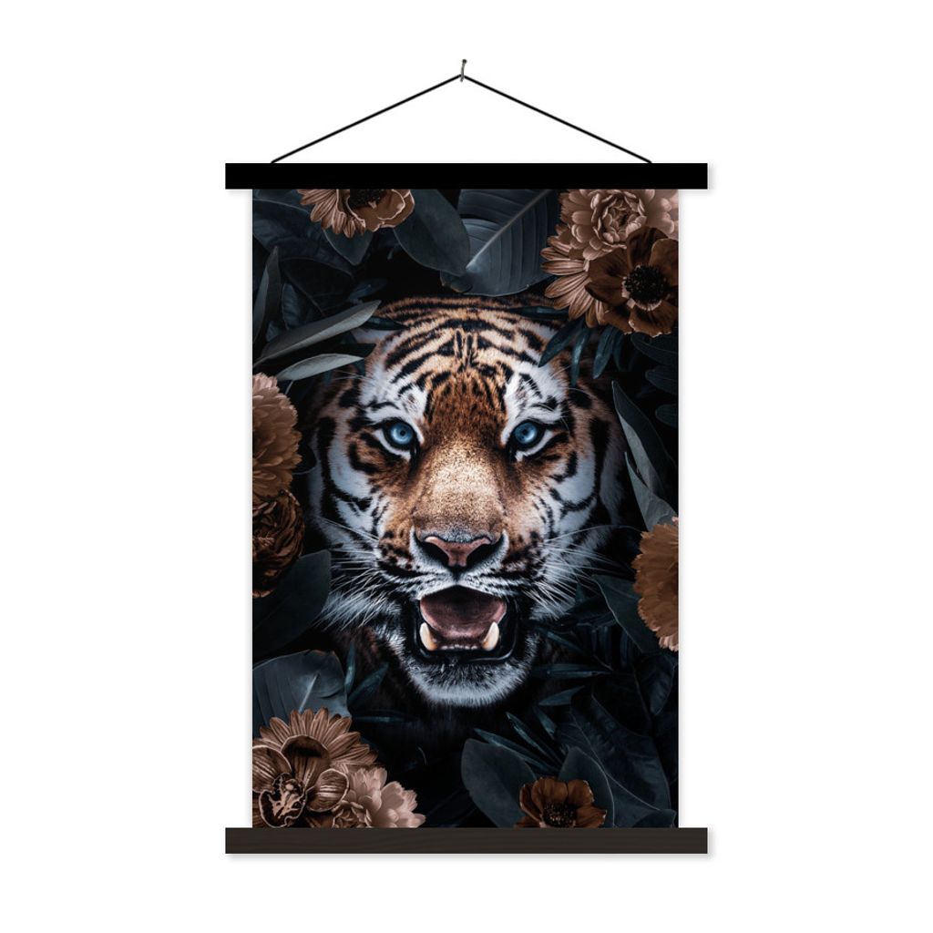 MuchoWow Textilposter Porträt - Tiger - Blumen 120x180 cm mit schwarzem Rahmen - Fotos