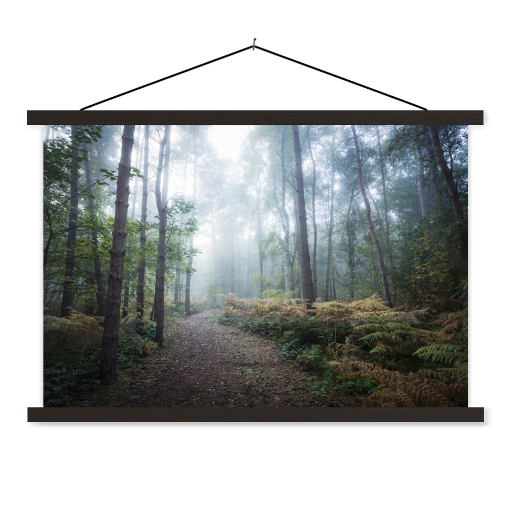 MuchoWow Textilposter Wald - Nebel - Weg 90x60 cm mit schwarzem Rahmen - Aufhängungssatz