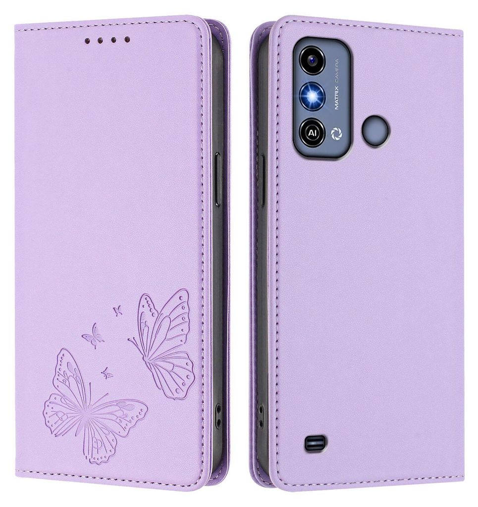 Lederhülle für ZTE Blade A53, Schmetterling Prägung Leder Brieftasche Schutzhülle mit Ständer Violett