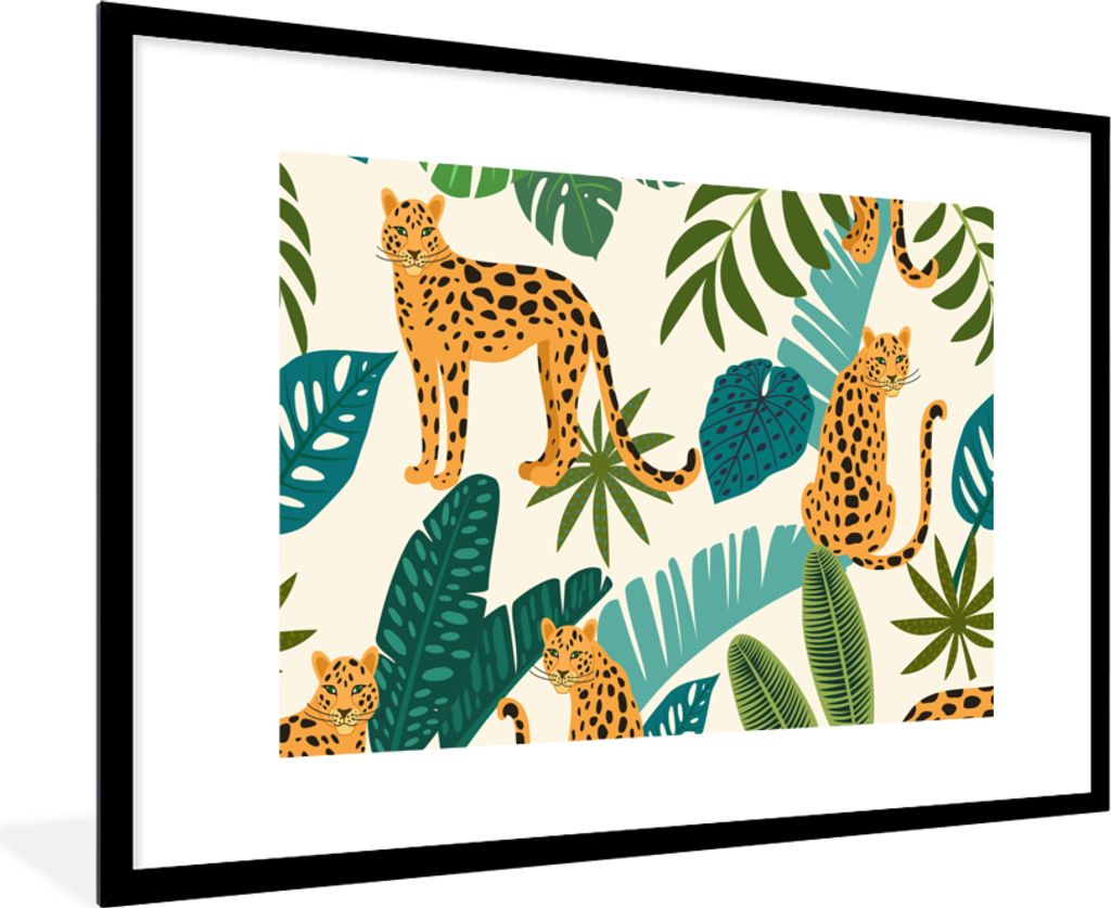 MuchoWow Gerahmtes Poster Dschungel - Leopard - Pflanzen - Muster - Mädchen - Jungen 90x60 cm - Poster mit Schwarzem Bilderrahmen Wandposter Rah...