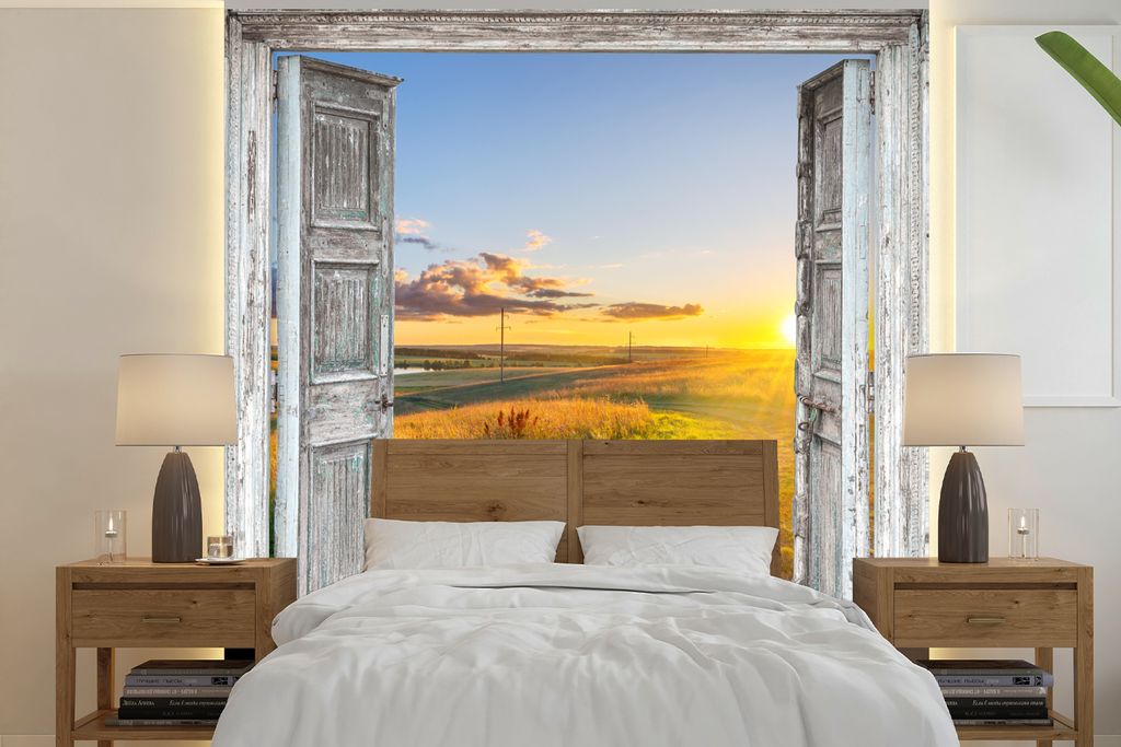 MuchoWow Fototapete für Wohnzimmer oder Schlafzimmer Wandtapete Vinyl Motivtapete Aussicht - Landschaft - Landschaft - Sonne - 240x240 cm - Schl...