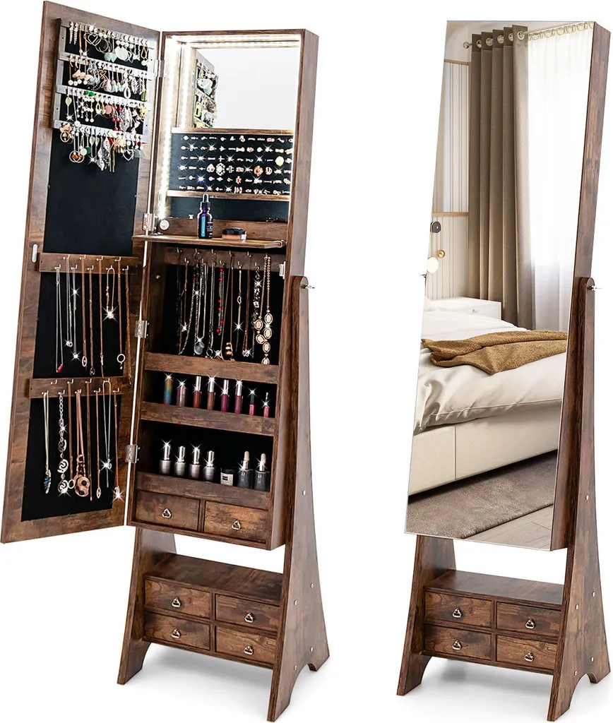 Psyché armoire à bijoux avec miroir LED et rangement cosmétiques