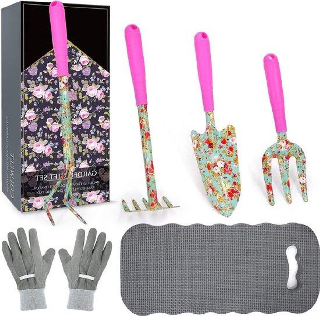 Gartenwerkzeugset für Frauen - 6-teilig - mit schöner Druck - Transplantier-Set - Hacke-Gabel-Handgriff-Kultivator - Gartenhandschuhe - Kniekissen
