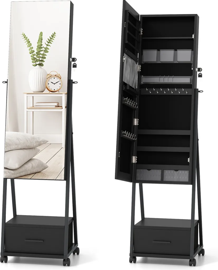 Armoire à Bijoux avec Miroir Psyché et Organisateur de Maquillage Mobile