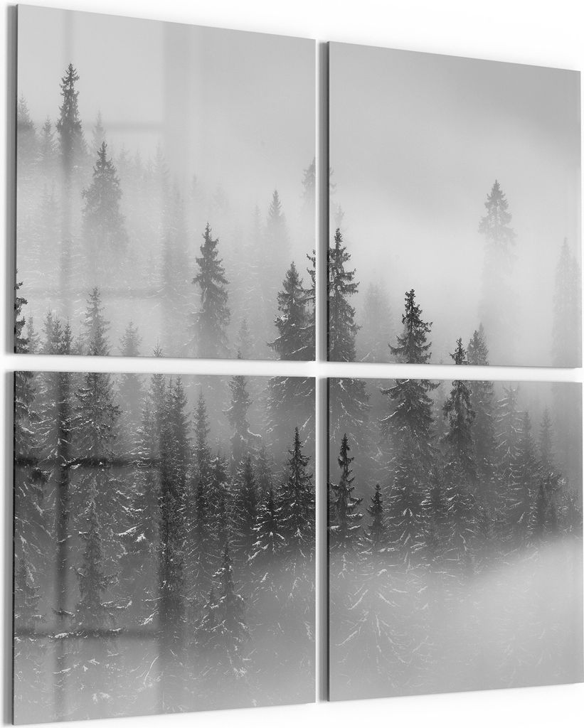 DEQORI Glasbild Echtglas 4x50x50 cm 'Nebelwald Stille' Wandbilder XXL groß