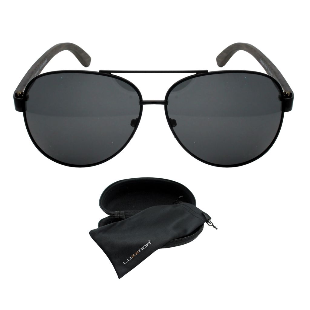 Luxxada Pilotenbrille Gläser Polarisiert Schwarz mit Echt Holz Bambus Bügel Hochwertige Piloten Sonnenbrille mit Hardcase