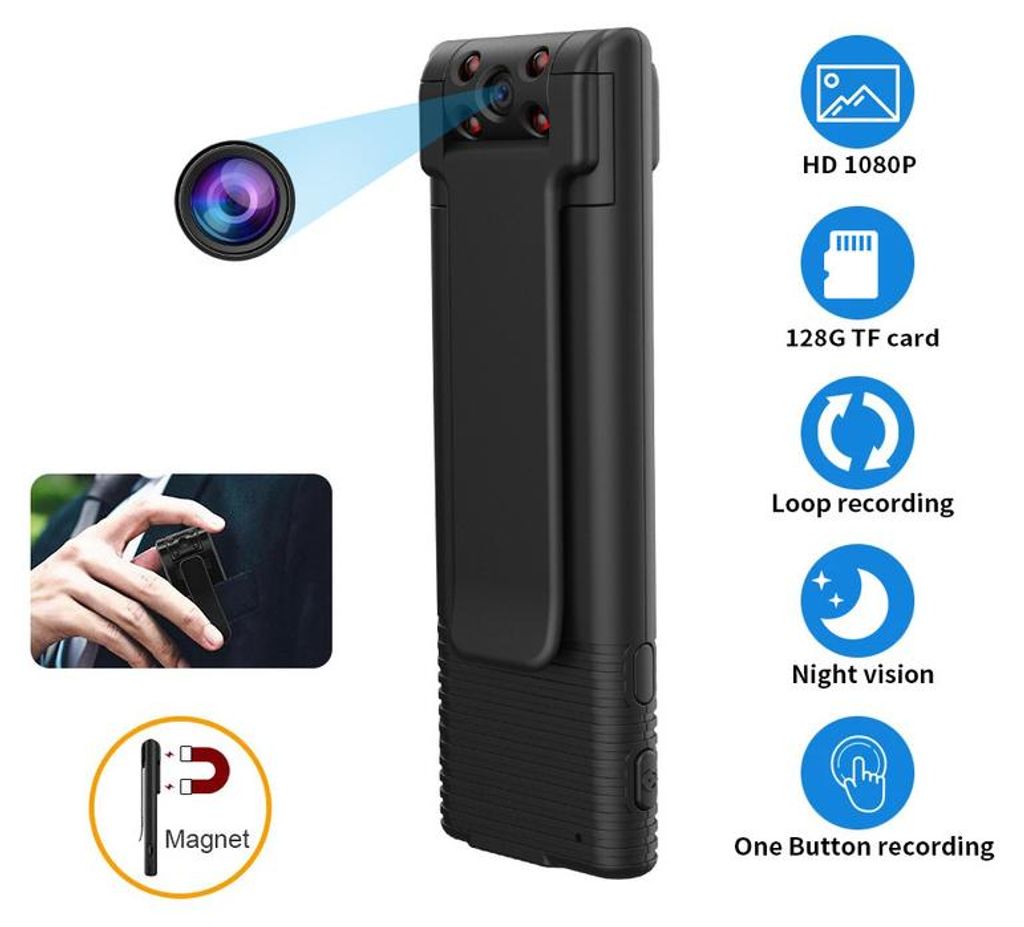 1080P Videokamera mit Nachtsicht, Vlogging-Kamera – 180° drehbar, magnetisch, 12 MP, 32 GB – Für Büro, Outdoor, Auto