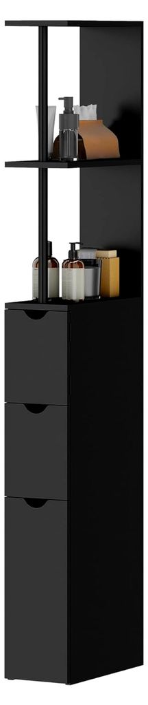 Badezimmersäule mit Schubladen und offenen Regalen, 15 x 33 x 136 cm, schwarz