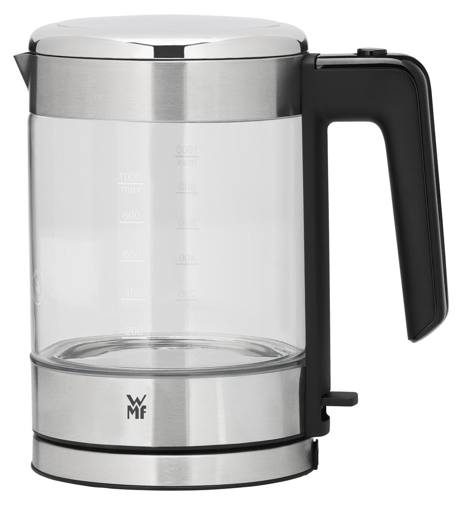 A studio shot of a glass electric kettle.