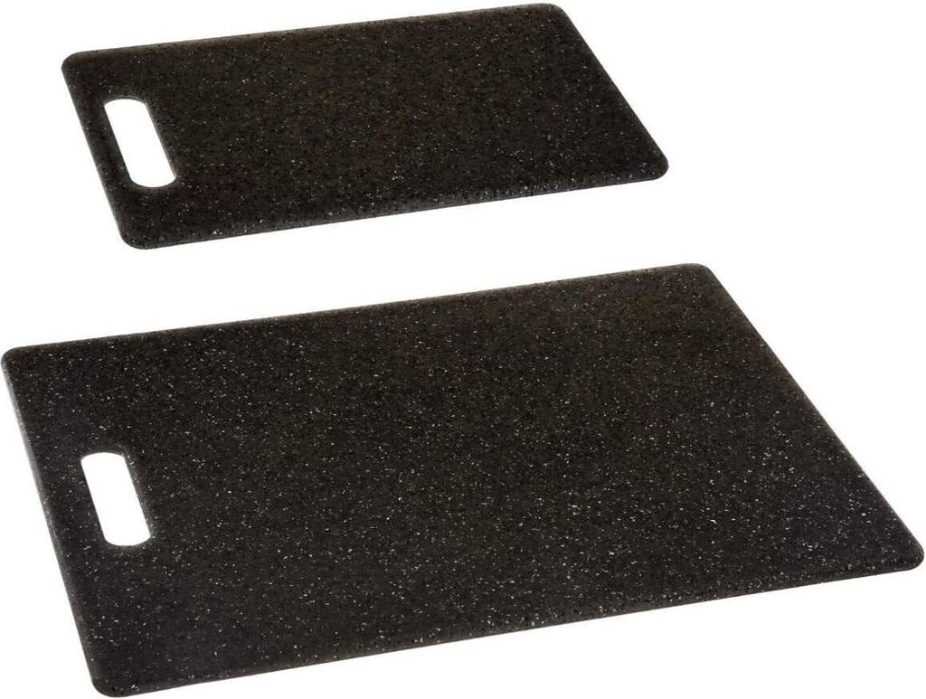 Two black cutting boards with handles are shown on a white background.