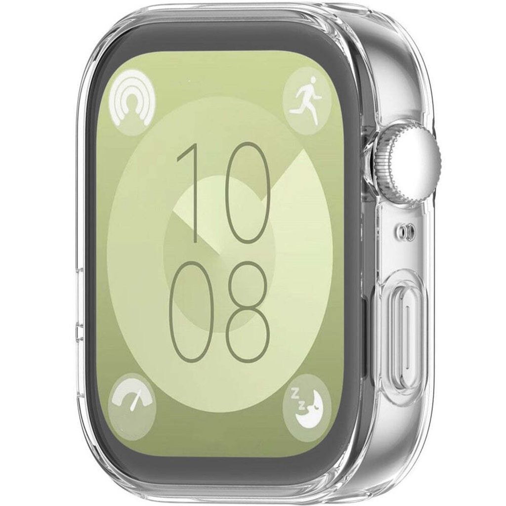 A clear protective case for a smartwatch is shown against a white background.