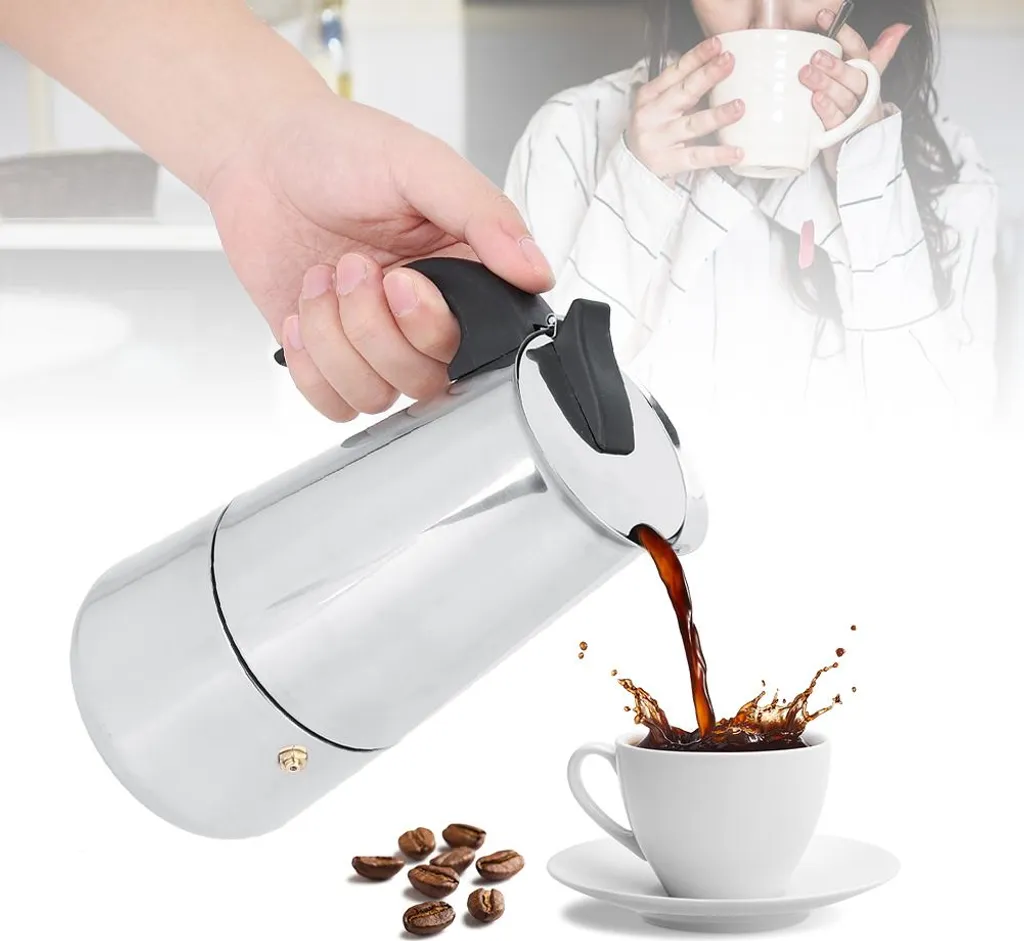 Cafetière italienne électrique 450 ml en acier inox avec base chauffante