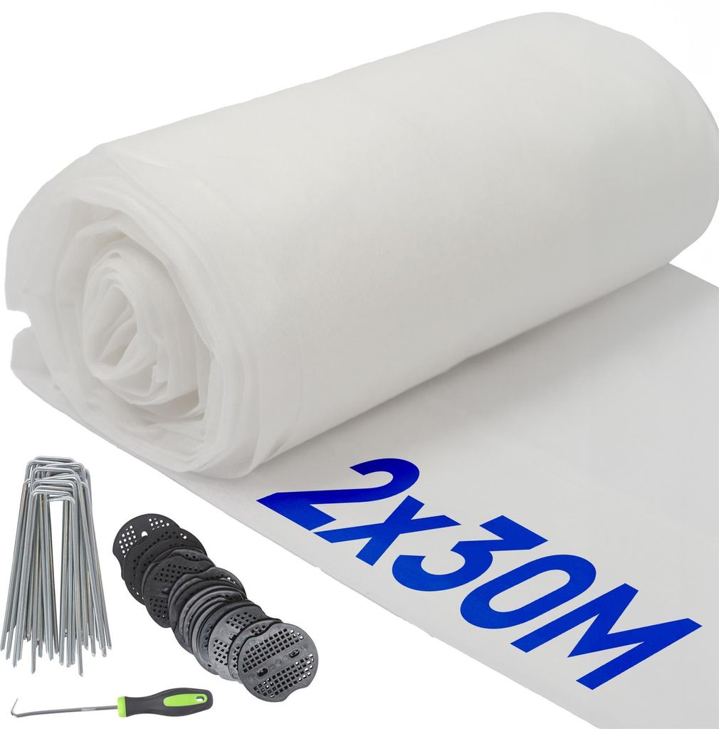 30 g/m² Pflanzenvlies-Frostschutz-Set mit Heringen und Platten – 2 m x 30 m (3 Rollen)