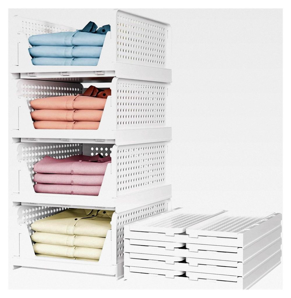 4 Stück stapelbare Kleiderschrank-Organizer, faltbare Aufbewahrungsboxen aus Kunststoff für Schlafzimmer, Bad, Küche, Lagerung und Büro (Weiß)
