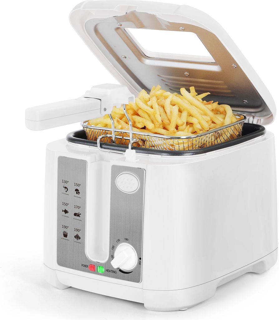 A white electric deep fryer filled with french fries, with its lid open.