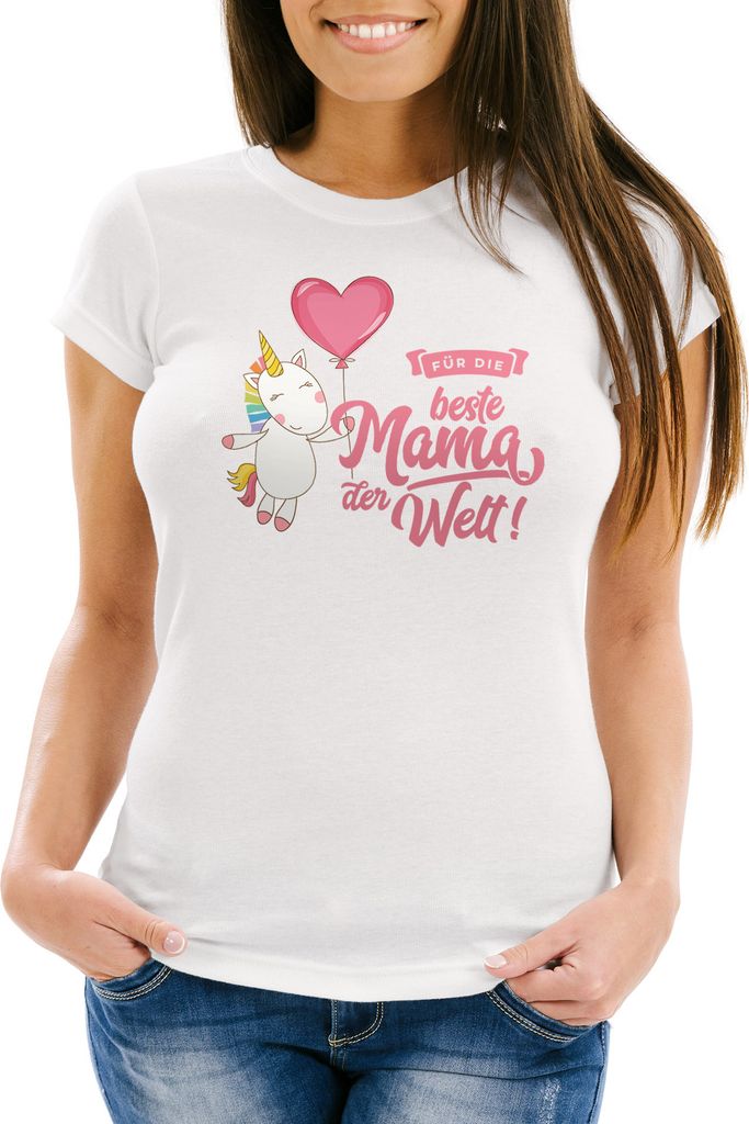 Damen T-Shirt Einhorn Muttertag Beste Mama der Welt Unicorn Mother`s Day Slim Fit Moonworks weiß S