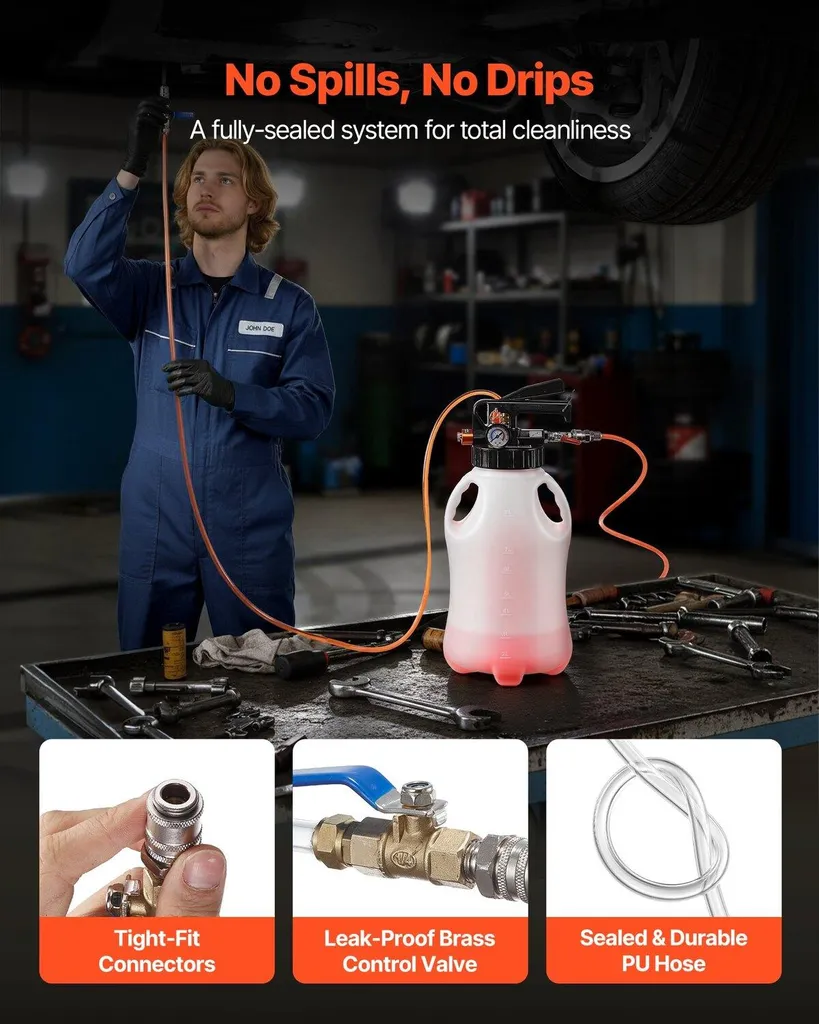 Pompa per fluido di trasmissione, capacità 8 L, estrattore pneumatico per olio ATF, distributore di ricarica, pompa di trasferimento con 15 adattatori ATF, distributore estrattore di olio con serbatoio in HDPE per auto e barche - 2