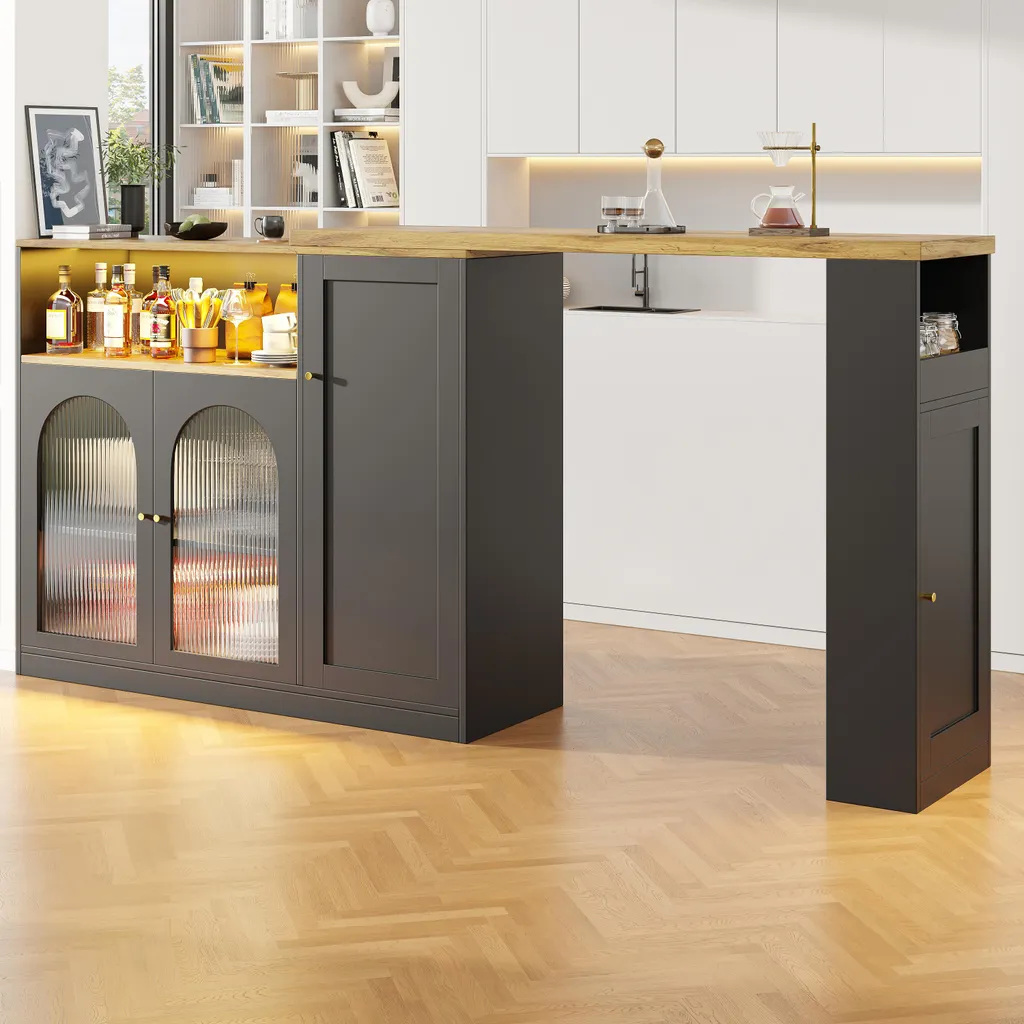 Fortuna Lai Table de bar pivotante 360 avec rangement LED et bois veiné - 4