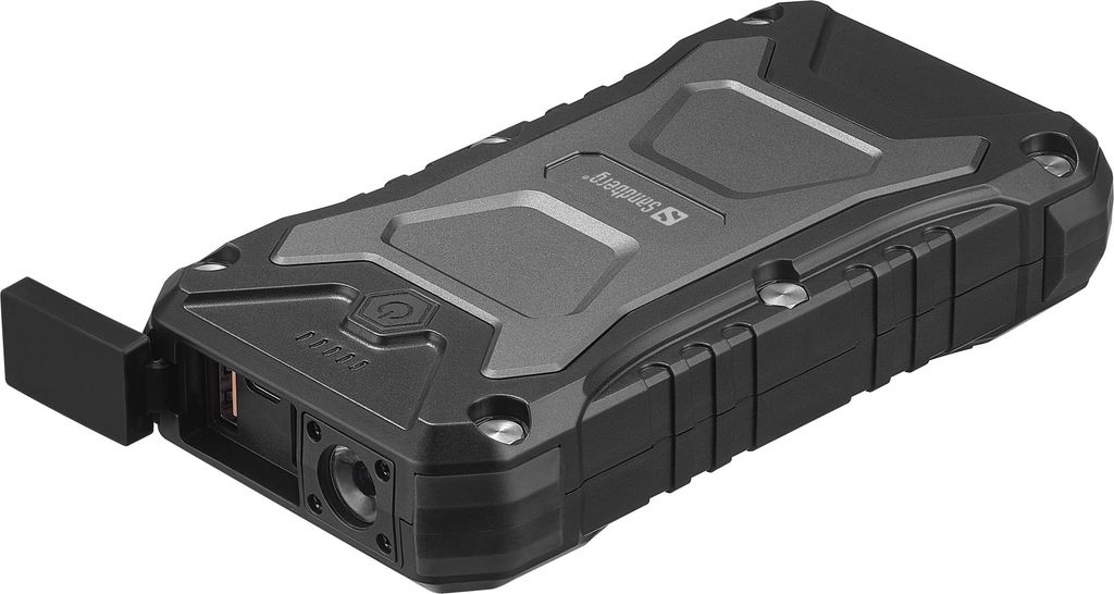 A rugged, black and gray power bank is shown from a diagonal angle against a white background.