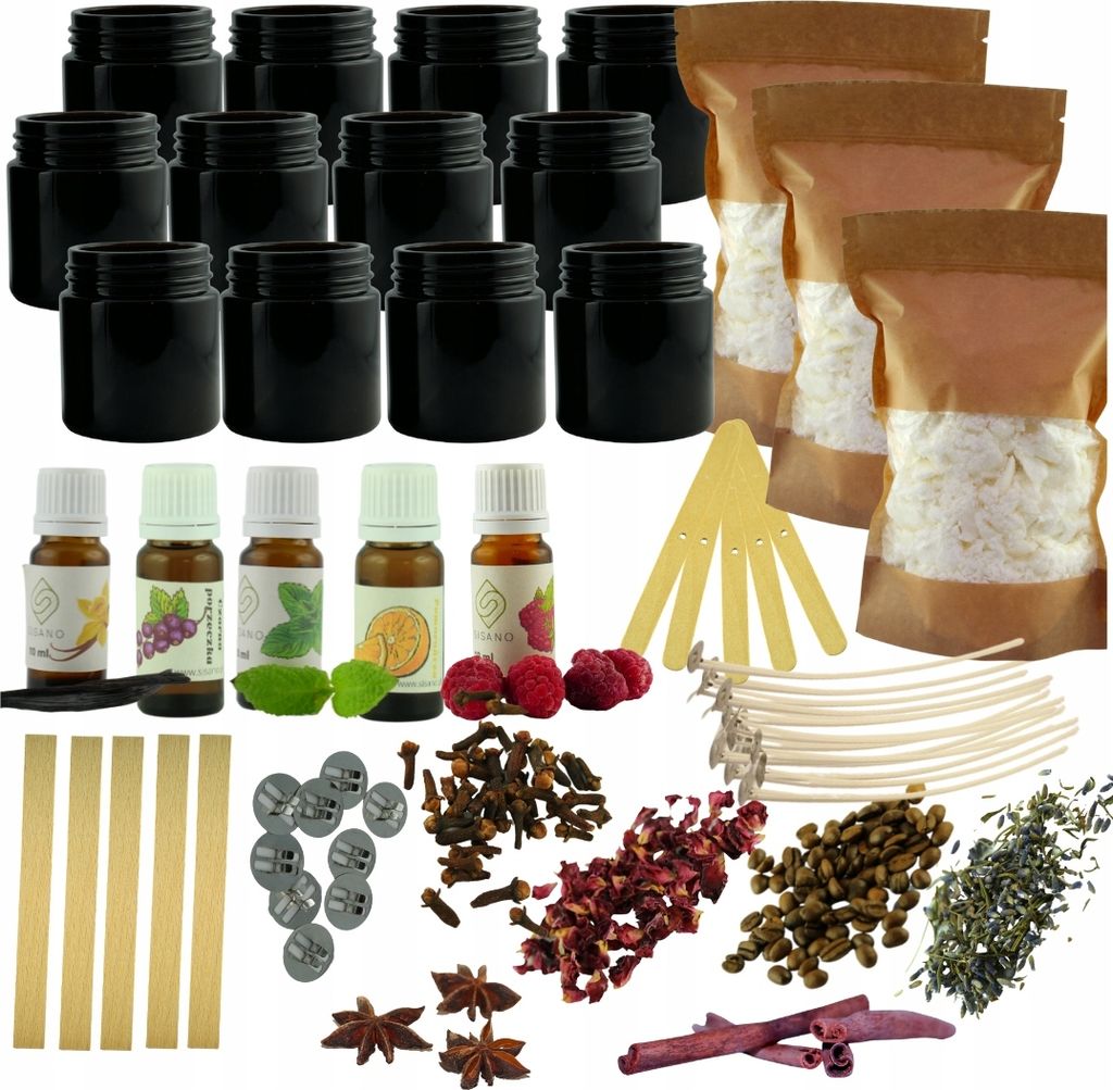Sisano - Kerzen Selber Machen Set DIY - Kerzenwachs 1300g mit 12 x Gläser, x6 Duftöl - 12x Kerzendochte mit Dochthalter und Klammer - Zubehör für Deko - Kerzen Gießen Set