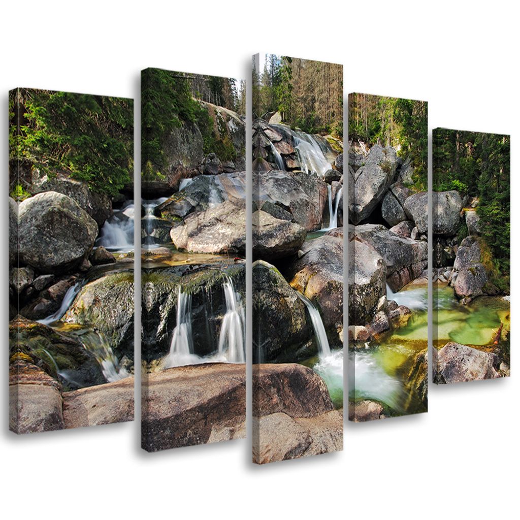 5-teiliges leinwandbild wasserfall wald bach felsen 100x70 cm Feeby grau wandbild bereit zum aufhängen