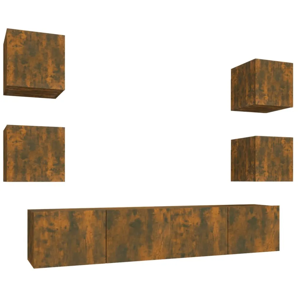 Meuble TV mural complet en bois chêne fumé - Set de 6 unités de rangement