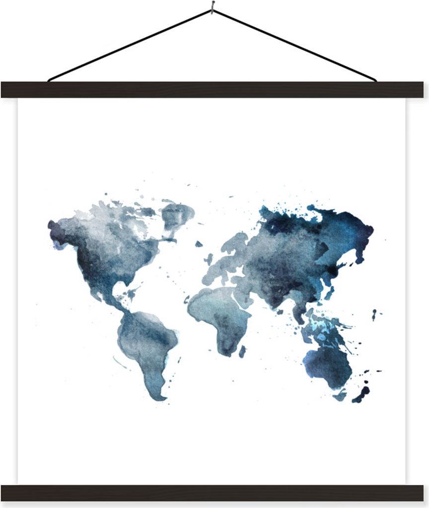 MuchoWow Textilposter Weltkarte - Aquarell - Blau 90x90 cm mit schwarzem Rahmen - Magnetisches