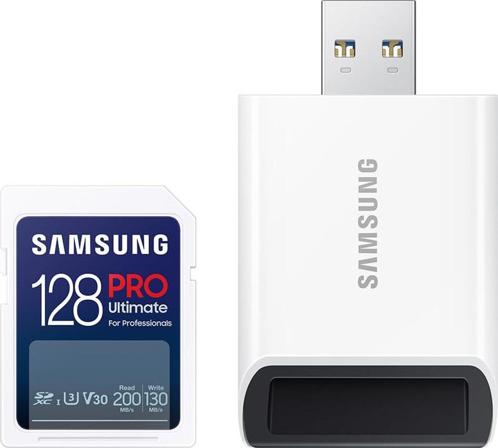 Samsung PRO Ultimate SD-Karte, 128 GB, UHS-I U3, Full HD & 4K UHD, 200 MB/s Lesen, 130 MB/s Schreiben, Speicherkarte fr Kamera, PC, Drohne oder Act...