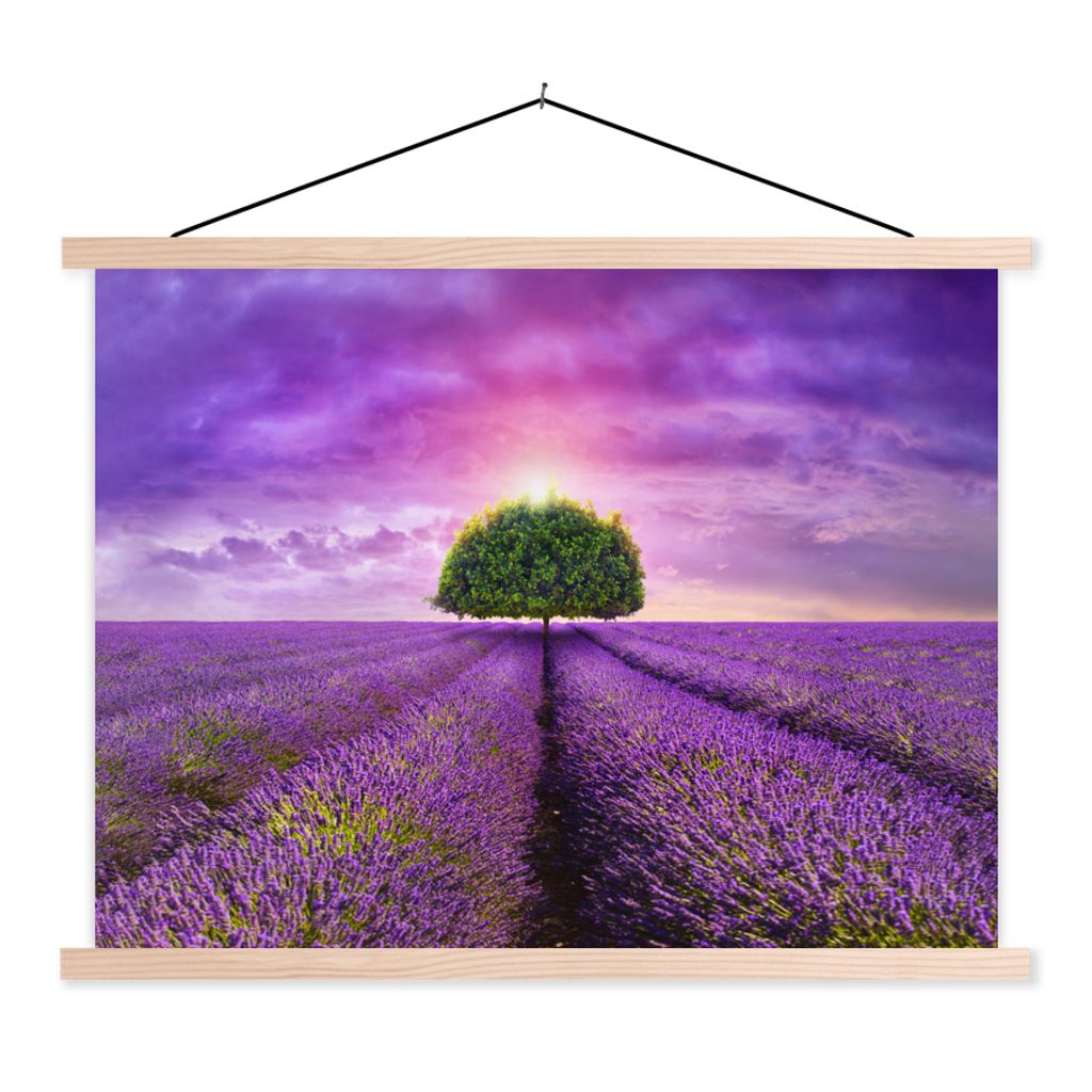 MuchoWow Textilposter Lavendel - Baum - Lila - Wolken 40x30 cm mit holzfarbenen Rahmen - Bilder