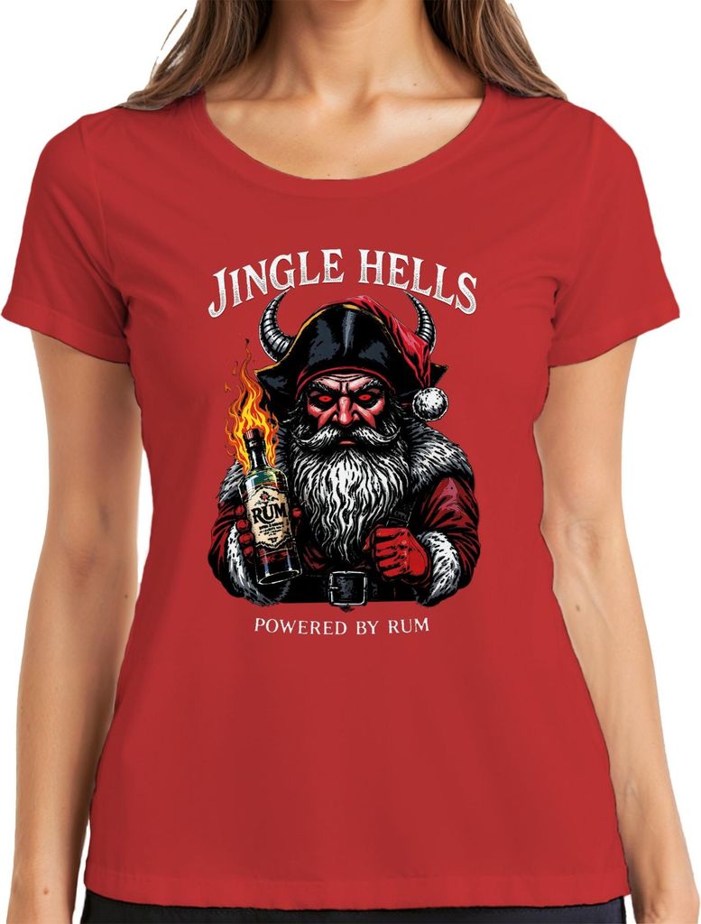 Jingle Hells Powered by Rum Santa horned flaming bottle Christmas Damen T-Shirt, Rot, 3XL